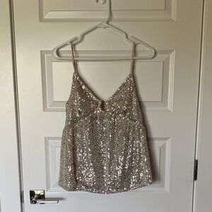 Sequin V-Neck Spaghetti Strap Tank Top - Silver